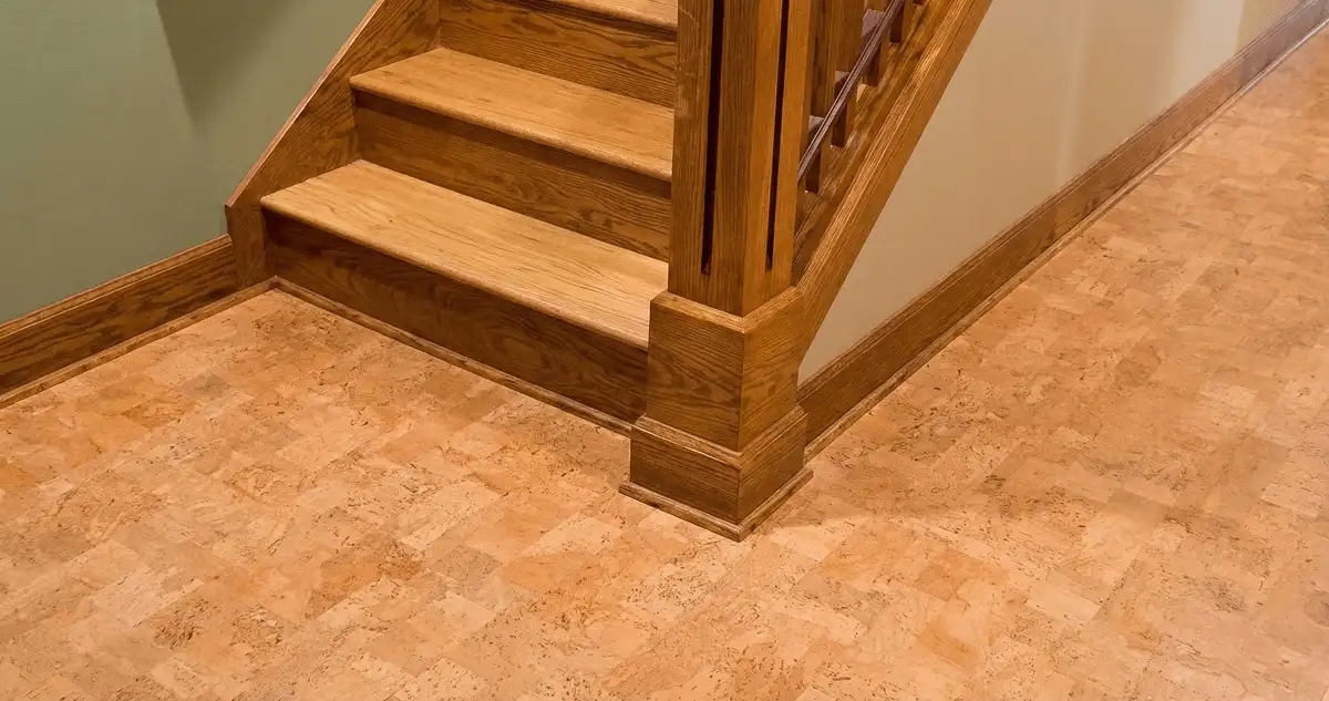 End of a staircase with cork flooring in Grand Rapids, MI