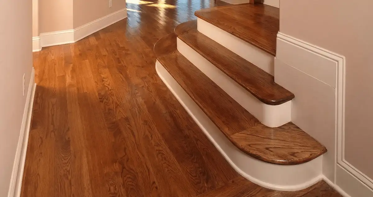 Base floor of a staircase with professionally restored wood flooring in Grand Rapids MI