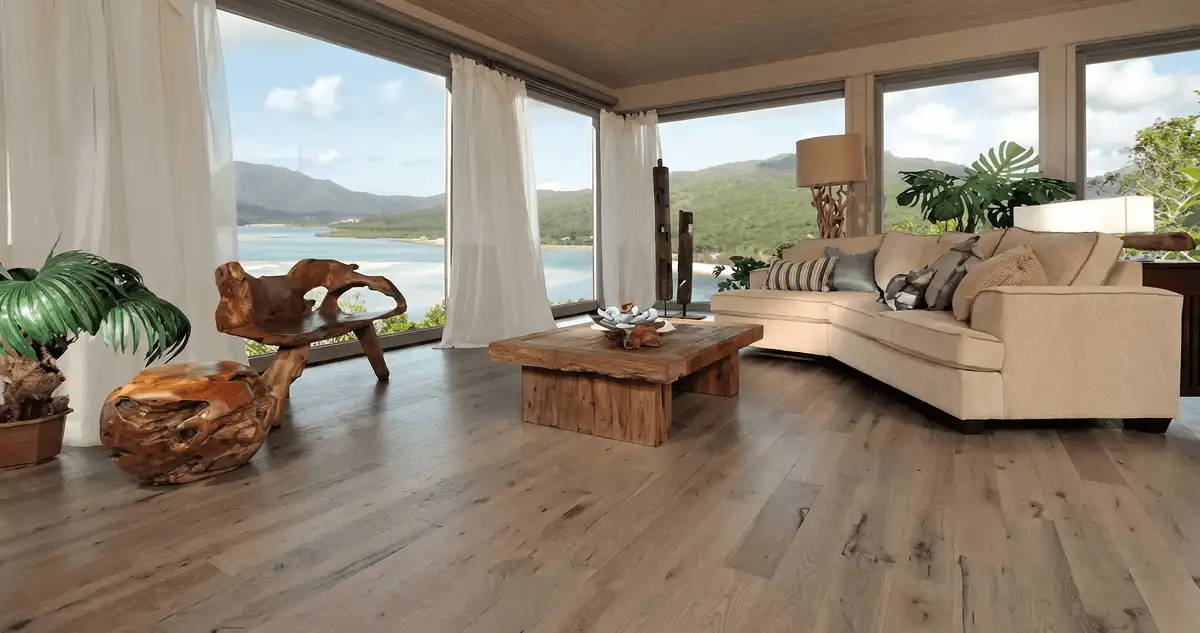 Professionally installed vinyl flooring in a modern living room with large windows in Grand Rapids, MI
